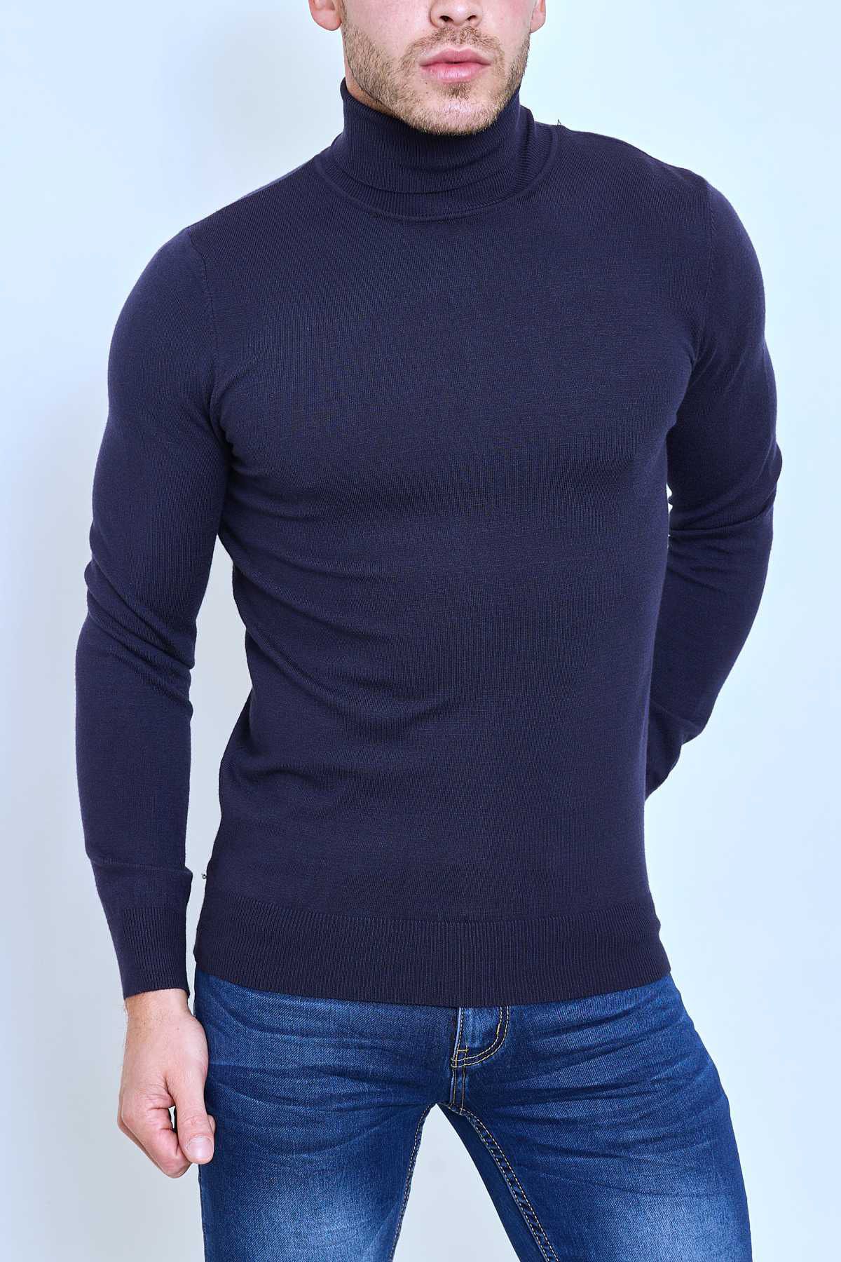 Pull col roulé classique bleu marine fashion homme
