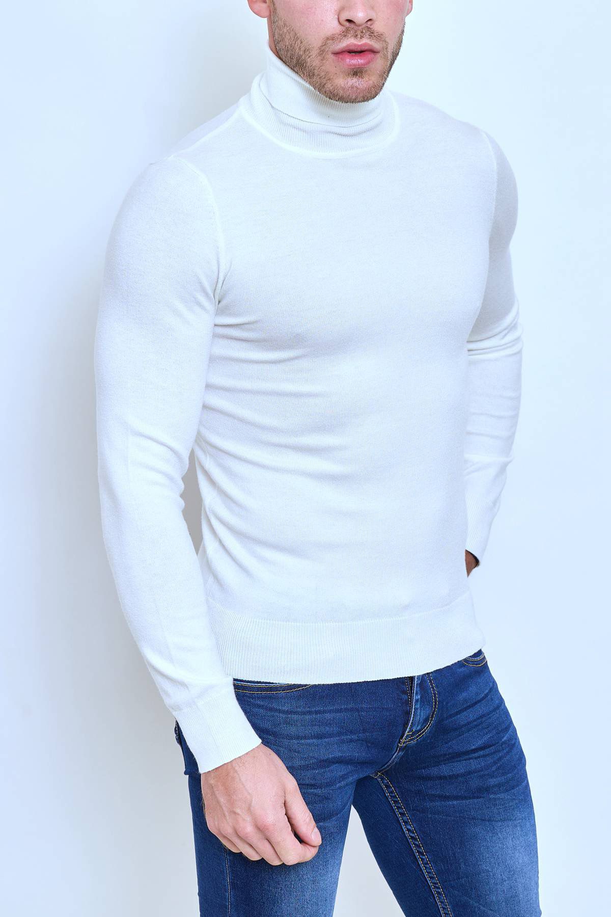 Pull col roulé classique blanc fashion homme