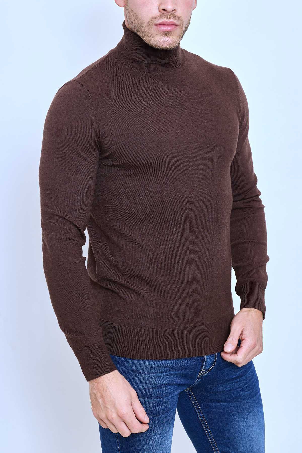 Pull col roulé classique marron fashion homme