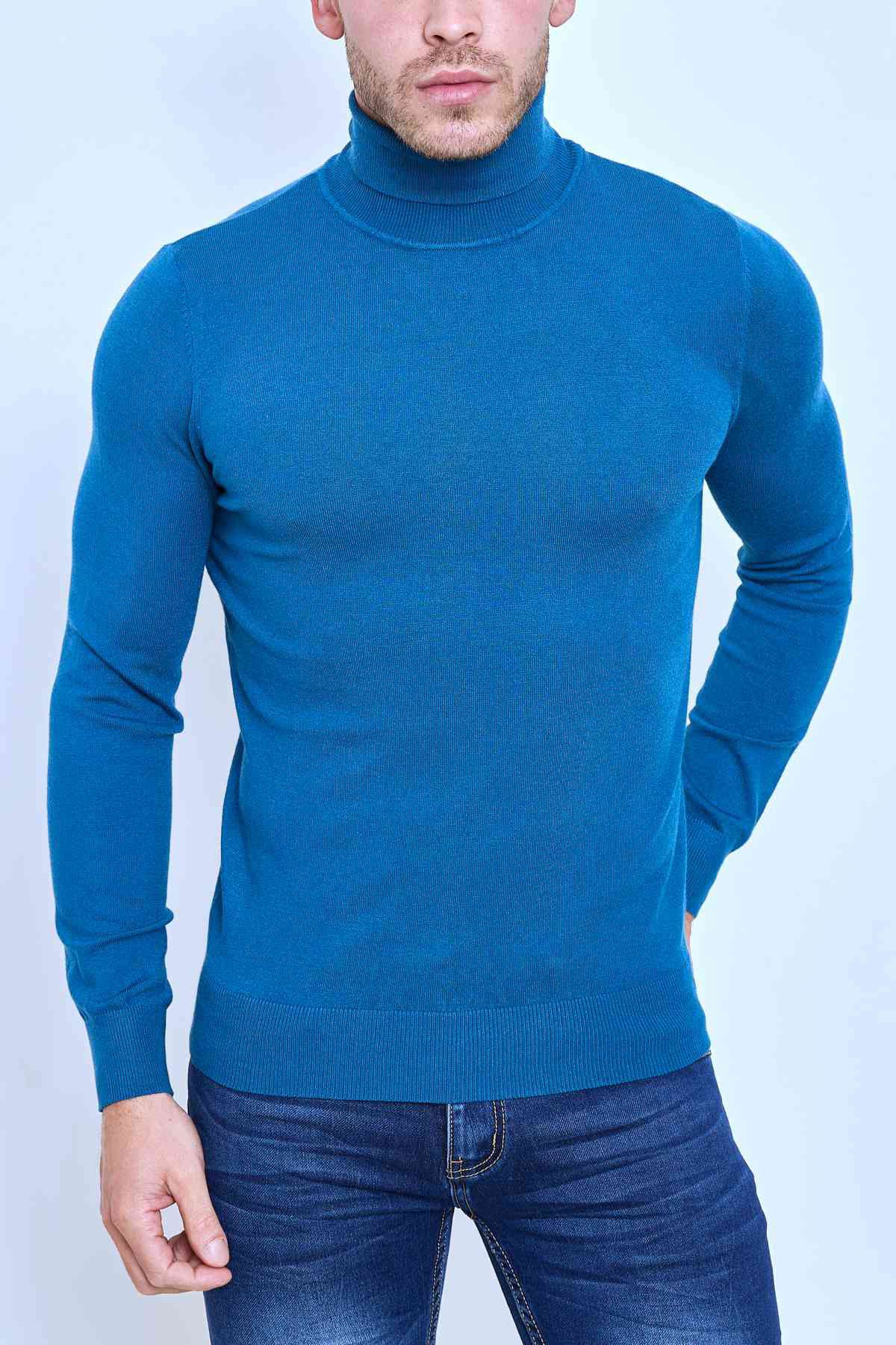 Pull col roulé classique bleu fashion homme