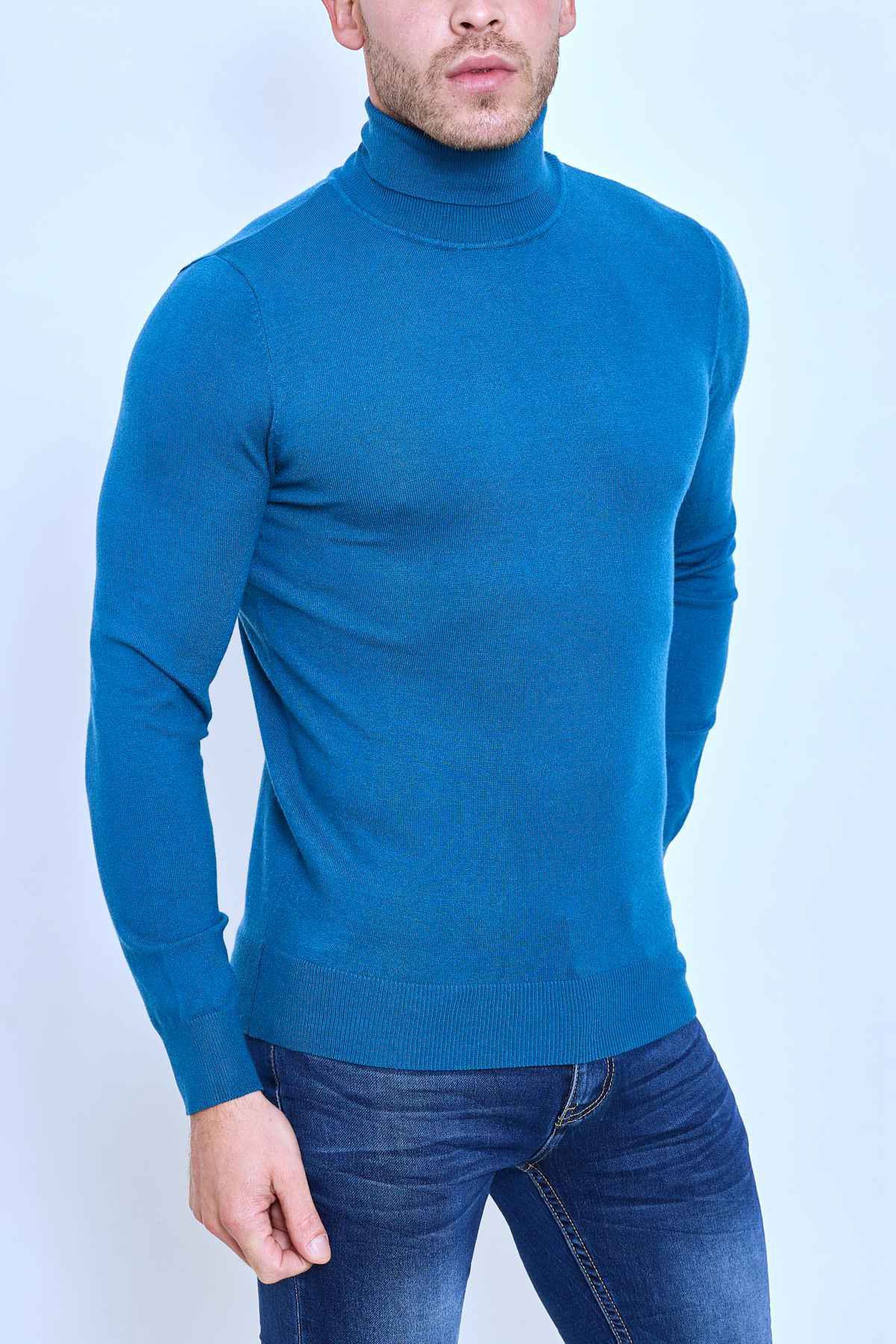 Pull col roulé classique bleu fashion homme