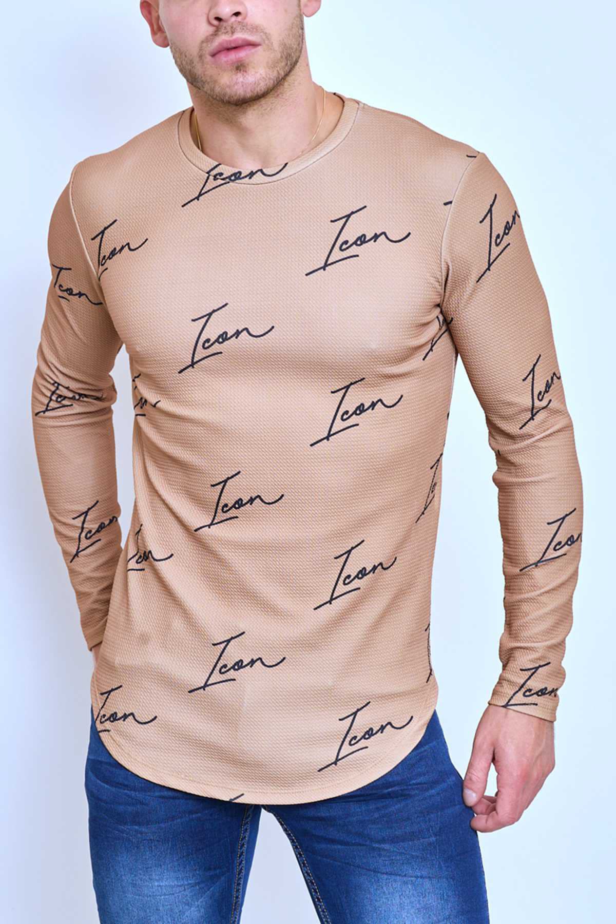 T-shirt manches longues beige col rond texte Icon fashion homme