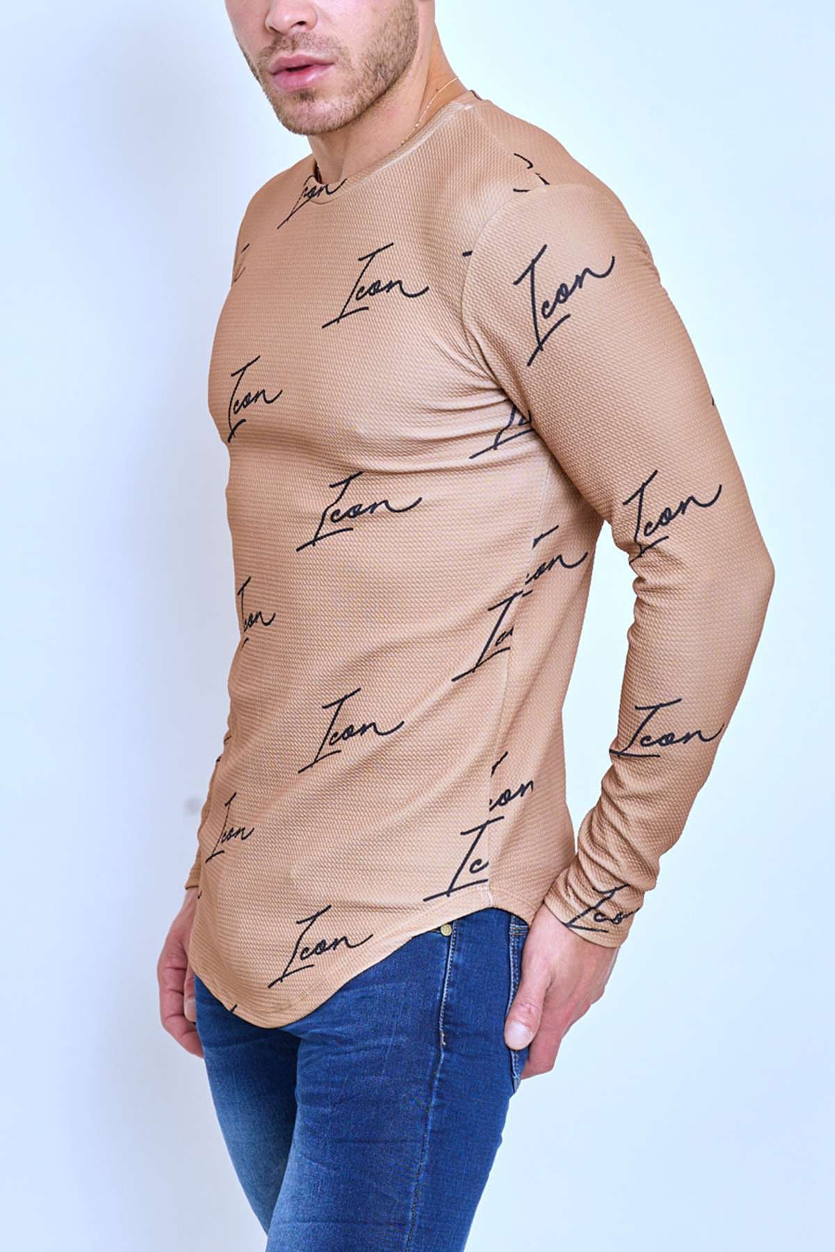 T-shirt manches longues beige col rond texte Icon fashion homme