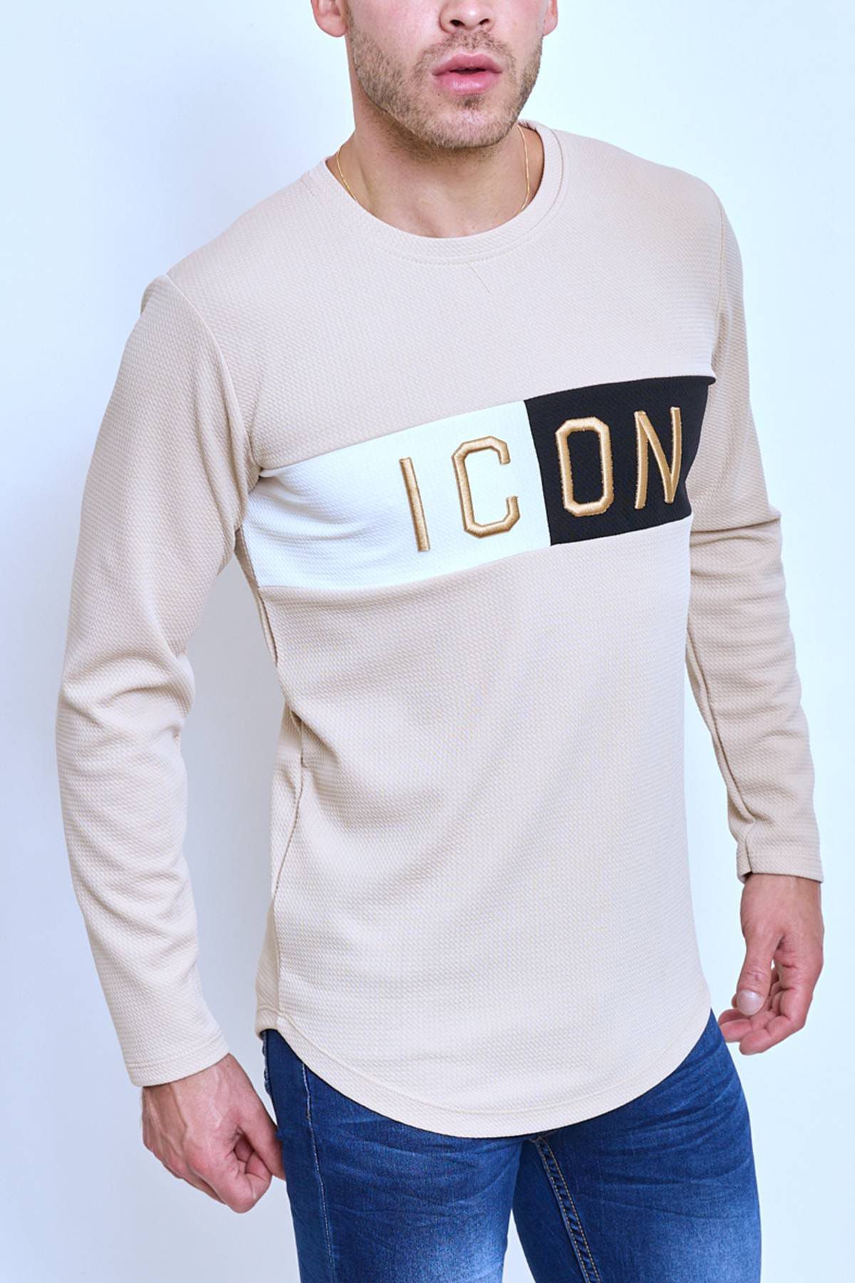 T-shirt manches longues beige col rond texte bicolore Icon fashion homme