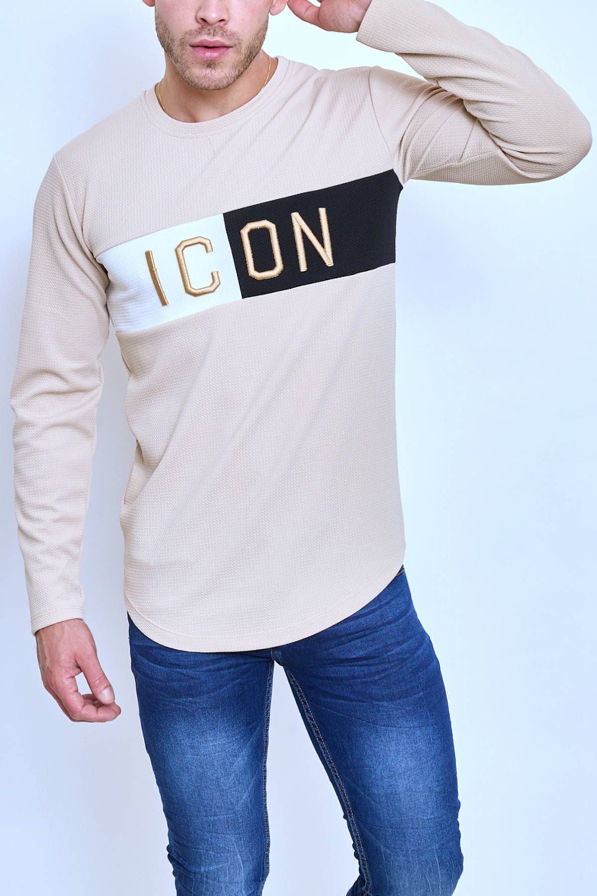 T-shirt manches longues beige col rond texte bicolore Icon fashion homme