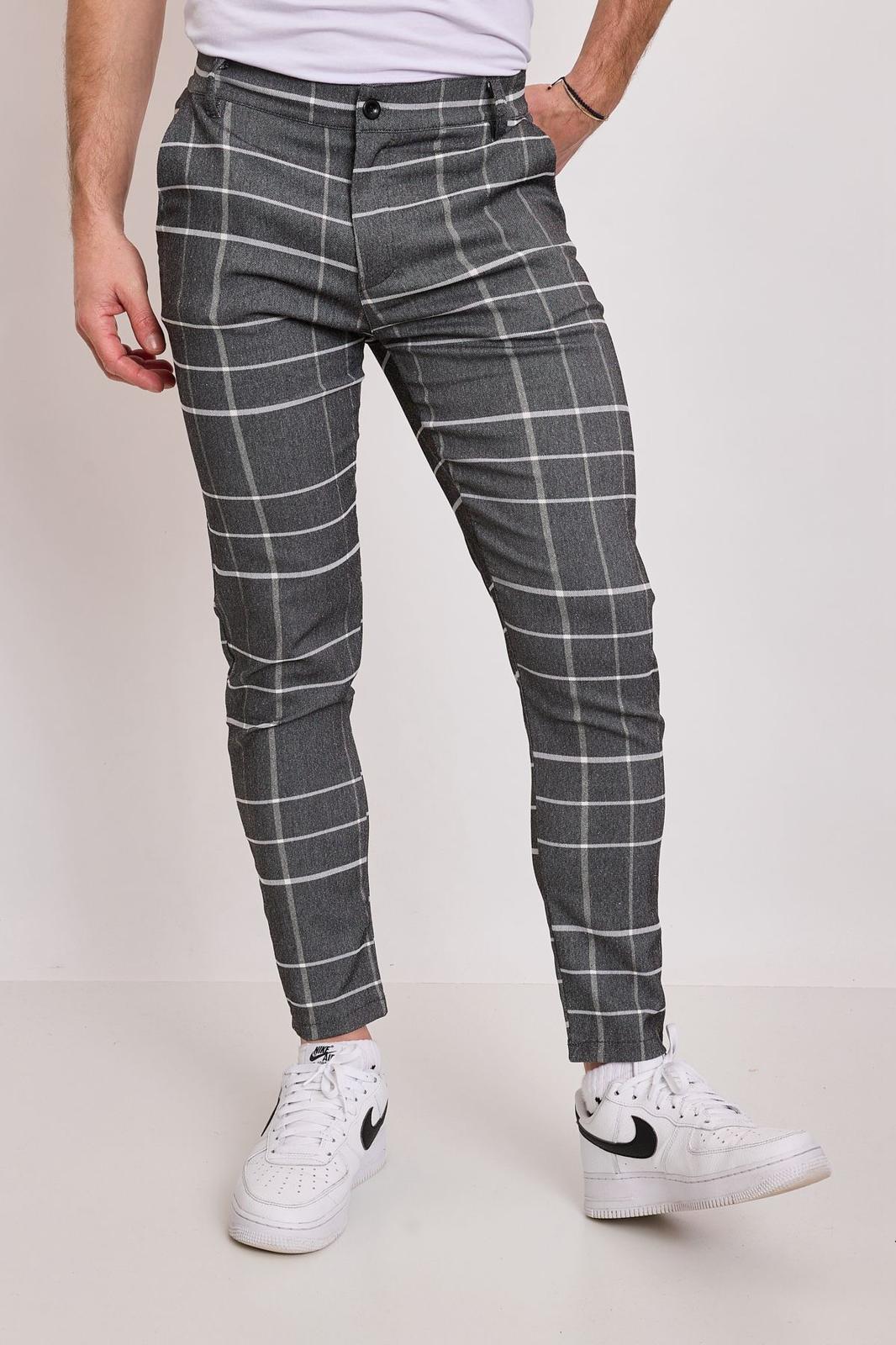 Pantalon Chino gris à carreaux blanc homme fashion