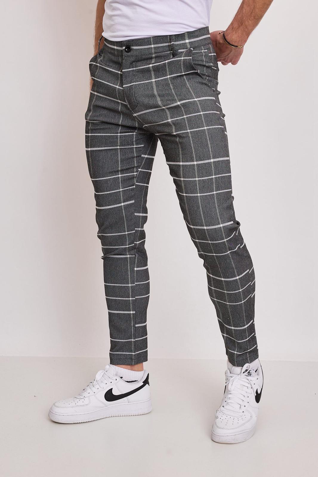 Pantalon Chino gris à carreaux blanc homme fashion