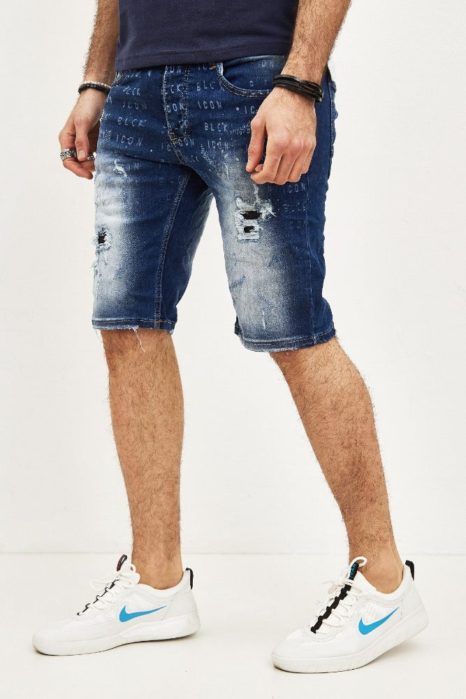 Short jeans bleu délavé avec déchirures homme stylé1