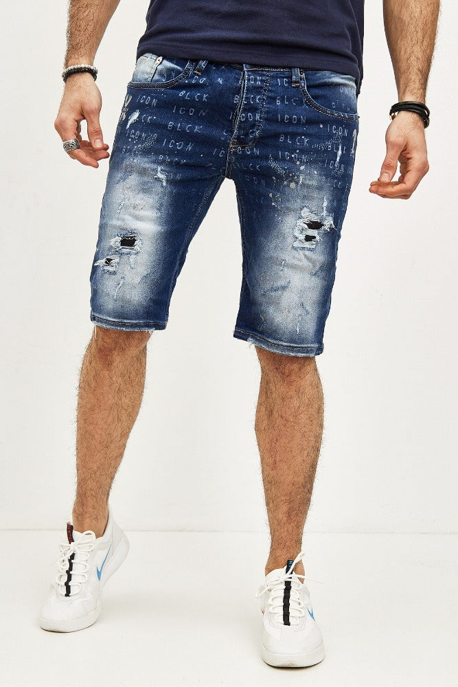 Short jeans bleu délavé avec déchirures homme stylé