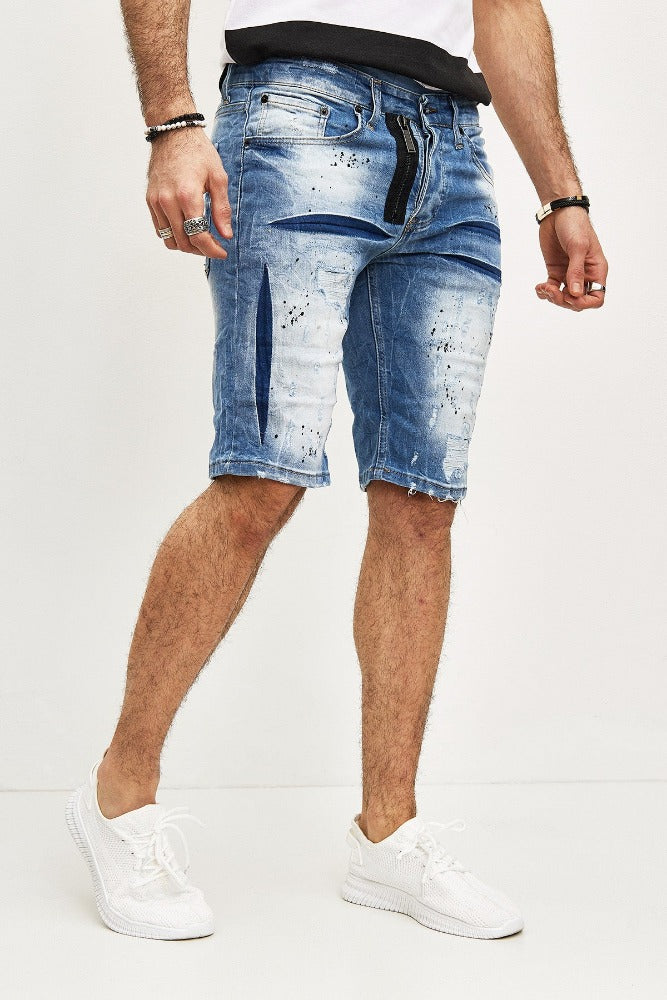Short jeans bleu detroy avec déchirures et peinture homme fashion1