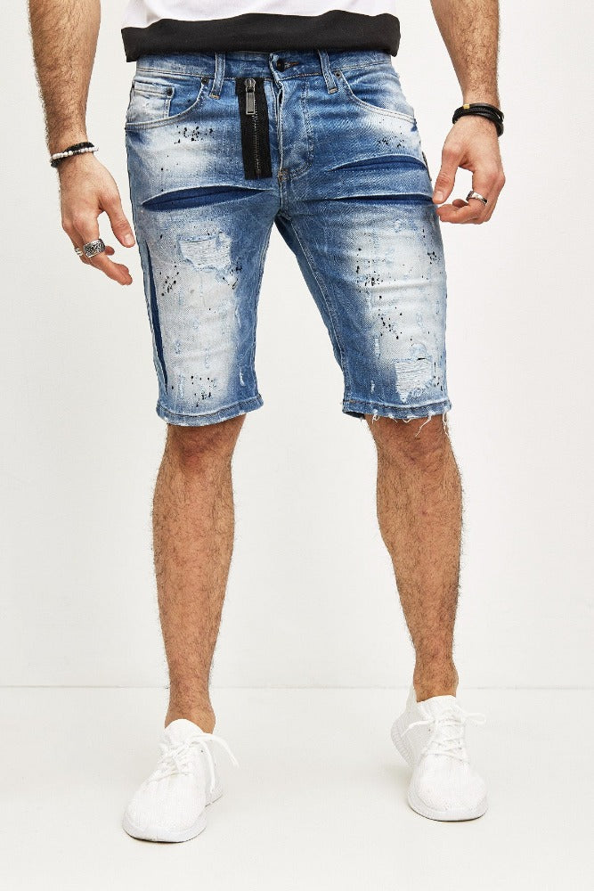 Short jeans bleu detroy avec déchirures et peinture homme fashion