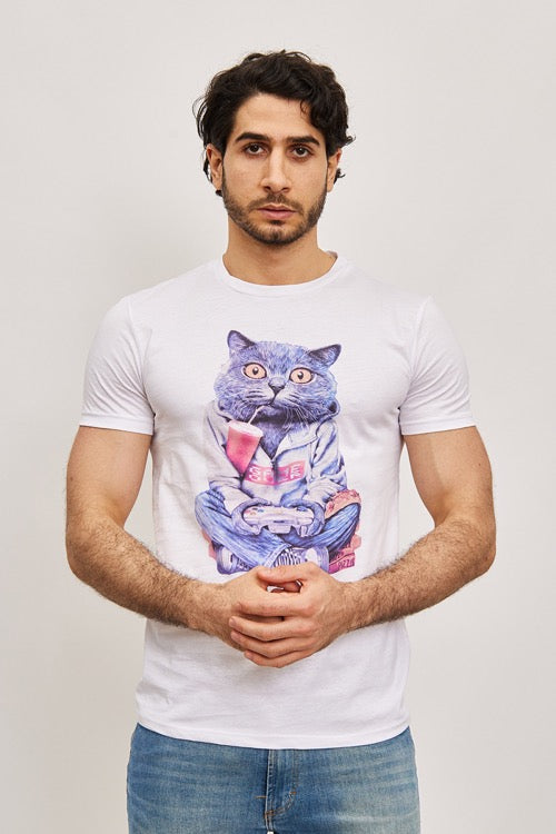 T-Shirt à manches courtes blanc graphique chat fashion homme