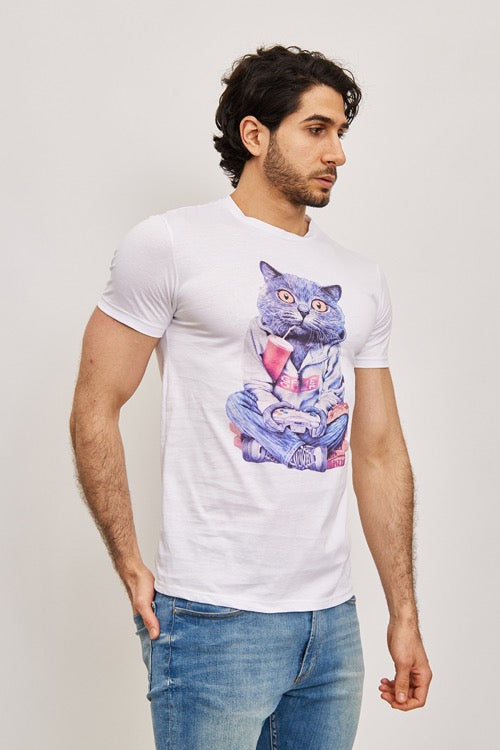 T-shirt blanc graphique chat homme fashion ilannfive