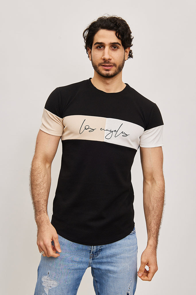 Tee-Shirt fashion homme noir bande bicolore ilannfive