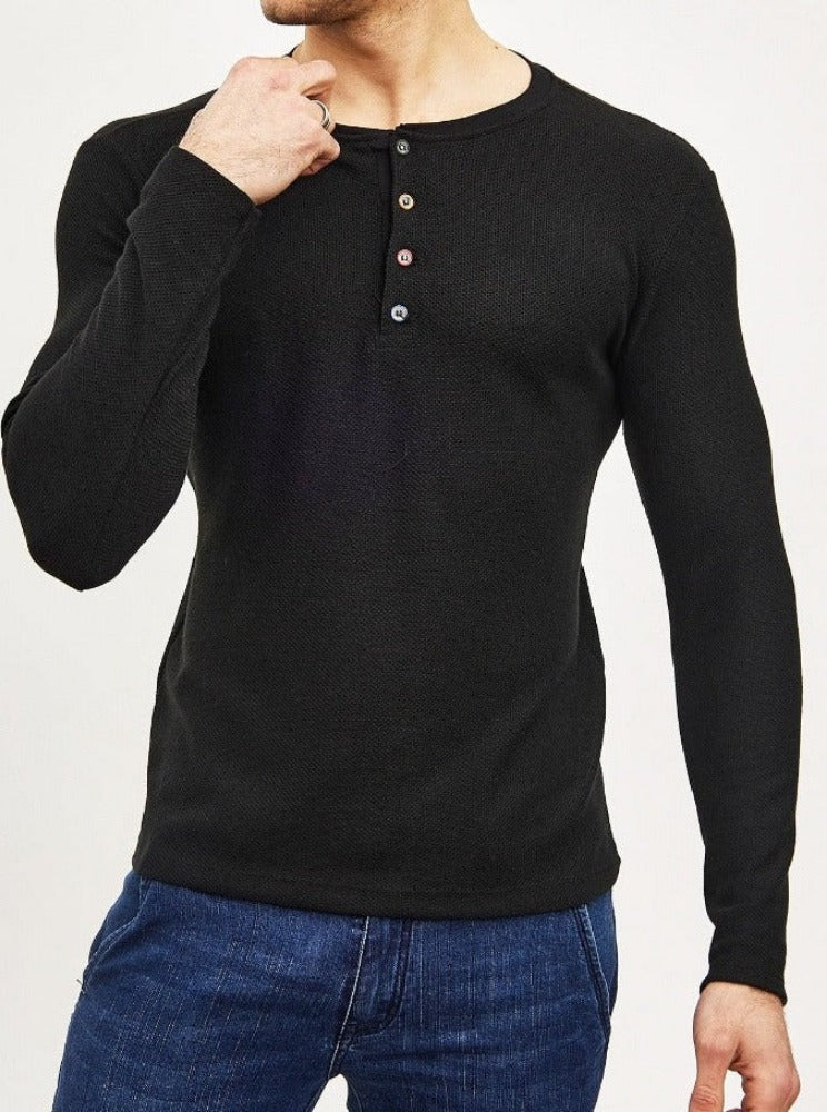 Mentex - T-shirt manches longues noir avec bouton multi color sur le col  homme