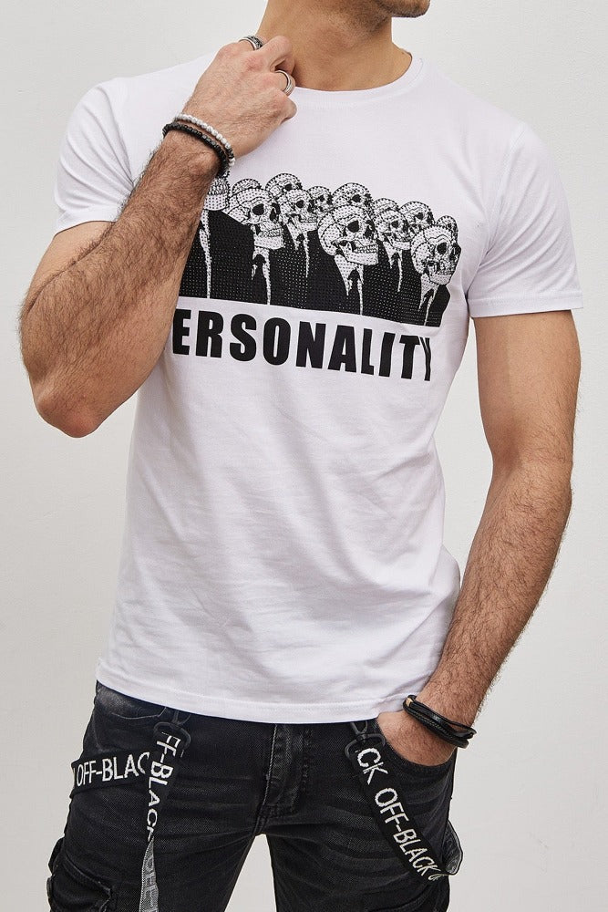 T-shirt blanc avec imprimé tête de mort et strass homme fashion