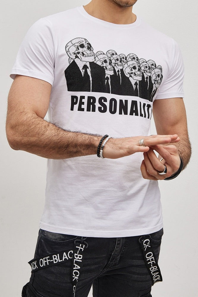 T-shirt blanc avec imprimé tête de mort et strass homme fashion1