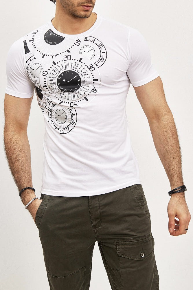T-shirt manche court blanc avec imprimé horloge et strass homme stylé1
