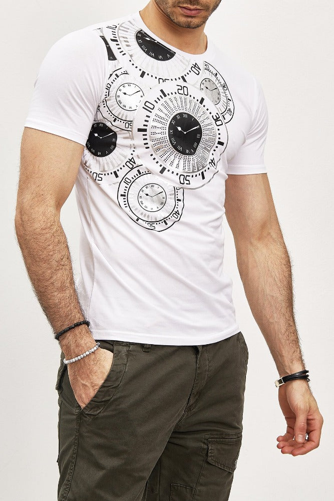 T-shirt manche court blanc avec imprimé horloge et strass homme stylé