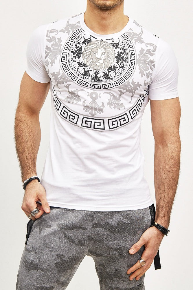 T-shirt manches courtes blanc avec imprimé lion et strass homme