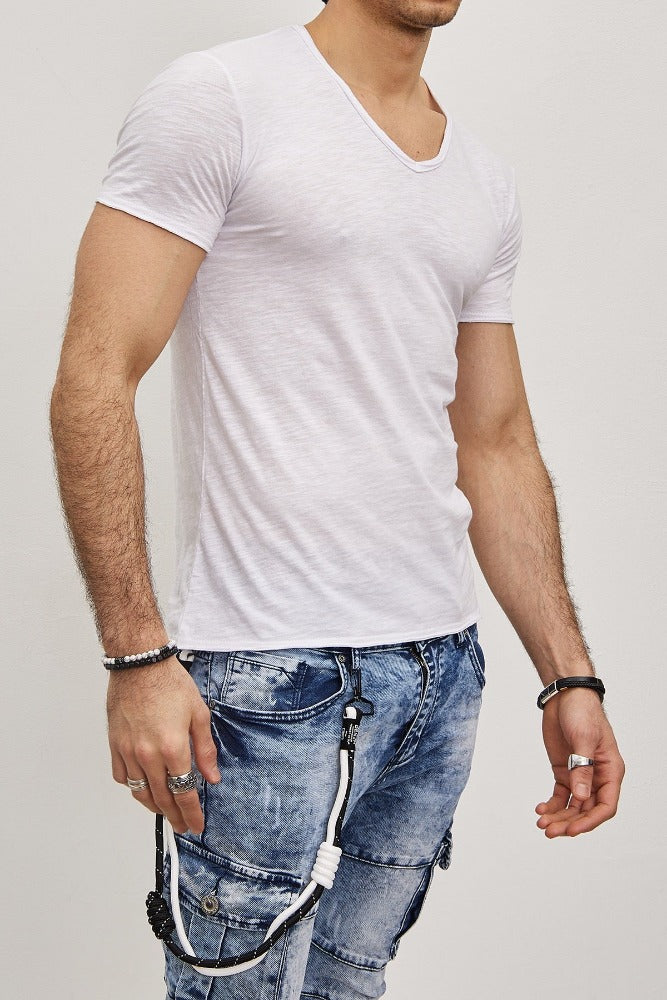 T-shirt manches courtes col en V blanc coton homme1