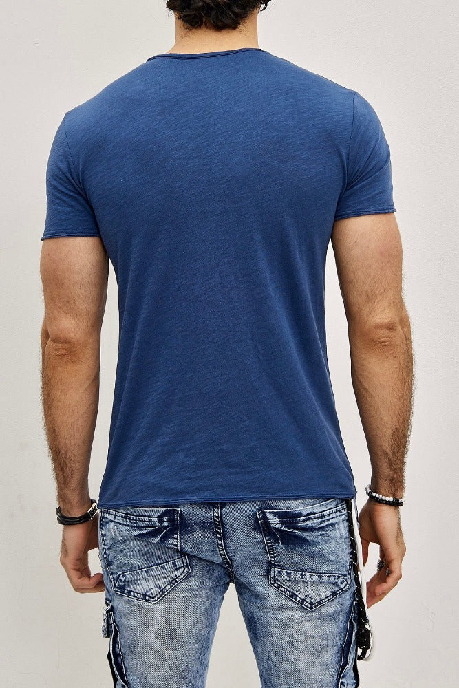 T-shirt col en V bleu denim coton homme fashion2