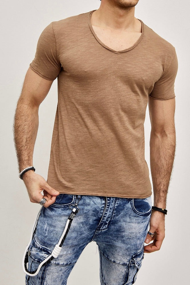 T-shirt col en V camel coton homme fashion