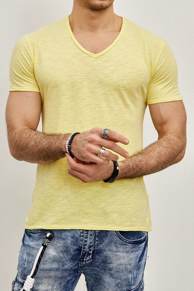 T-shirt col en V jaune clair coton homme stylé