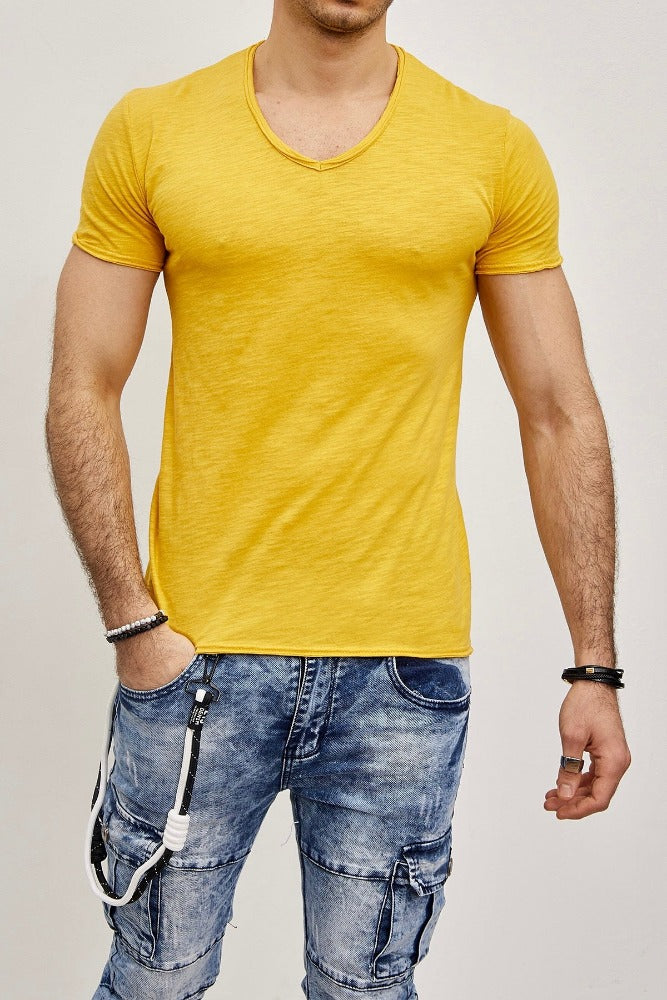 T-shirt col en V jaune foncé coton homme fashion