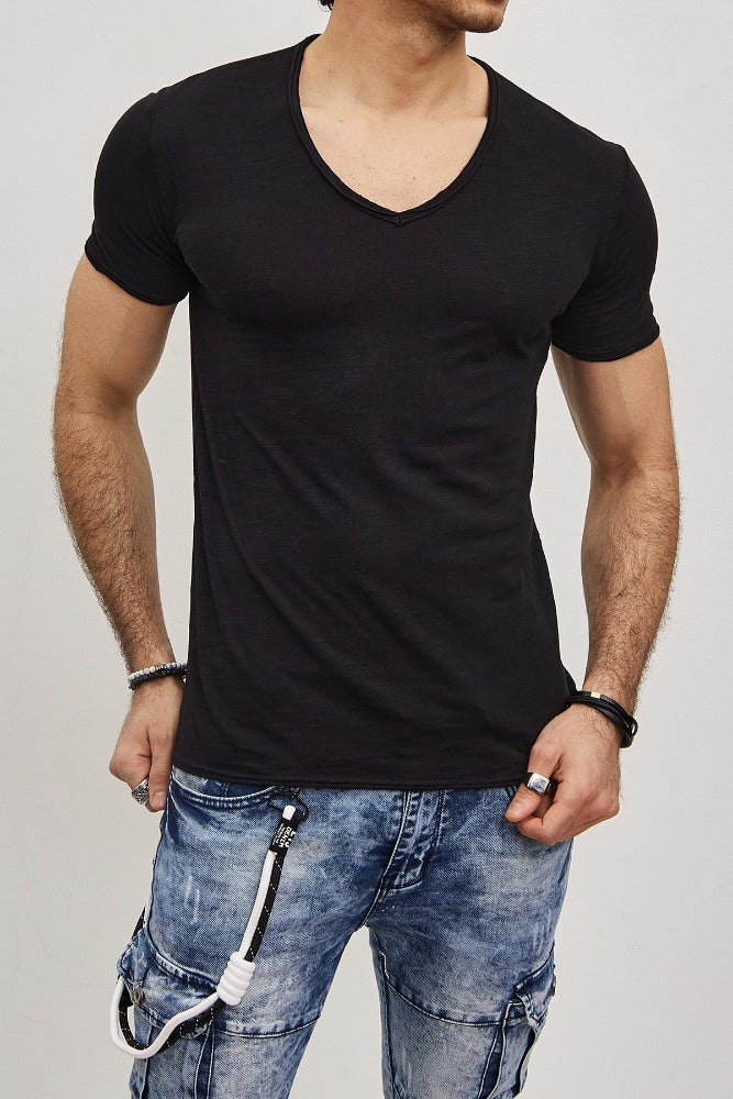 T-shirt col en V noir coton homme fashion