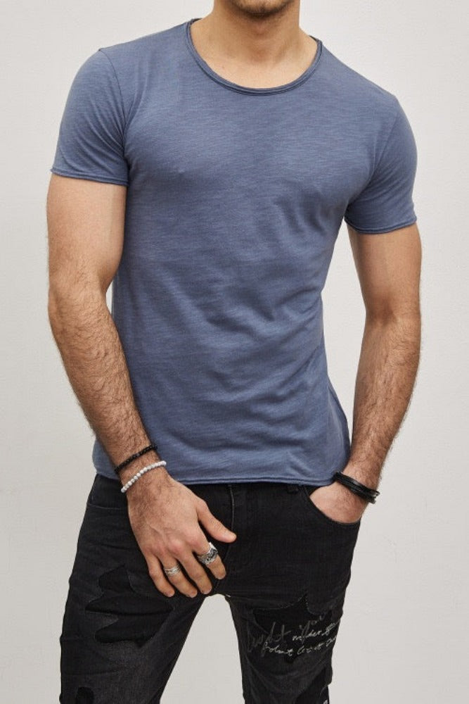 T-shirt manches courtes col rond bleu coton homme