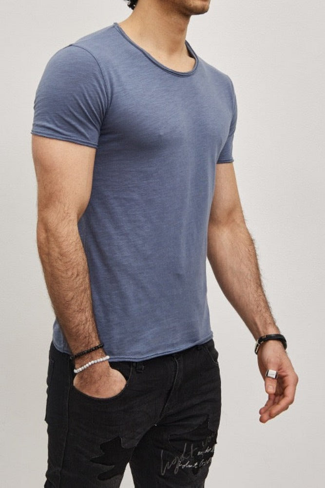 T-shirt manches courtes col rond bleu coton homme1