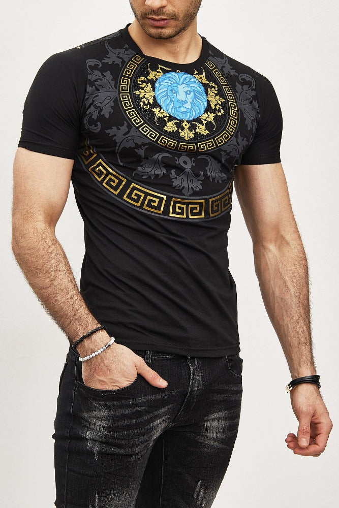 T-shirt manches courtes noir avec imprimé lion et strass homme1