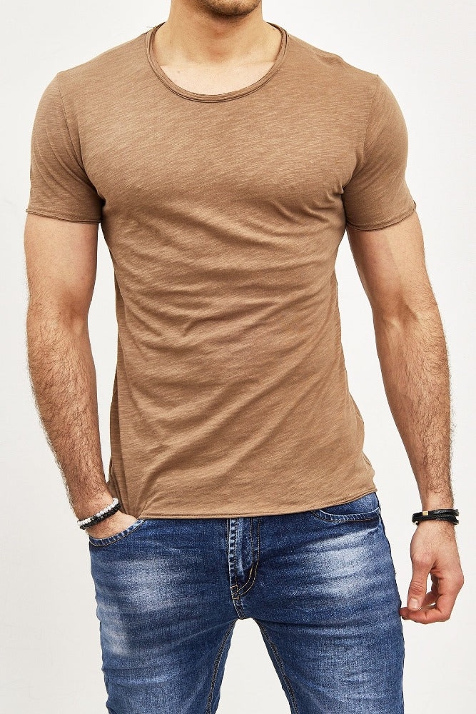 T-shirt manches courtes col rond camel coton homme