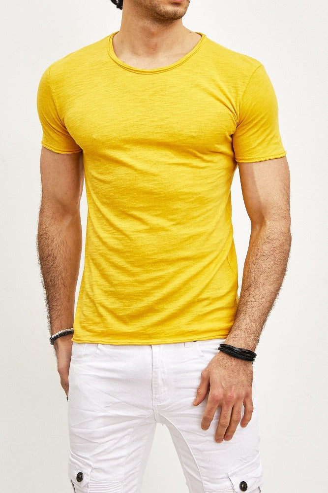T-shirt manches courtes col rond jaune coton homme