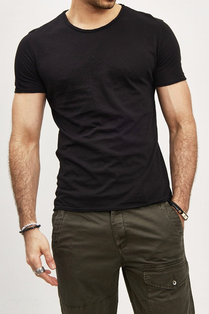 T-shirt manches courtes col rond noir coton homme