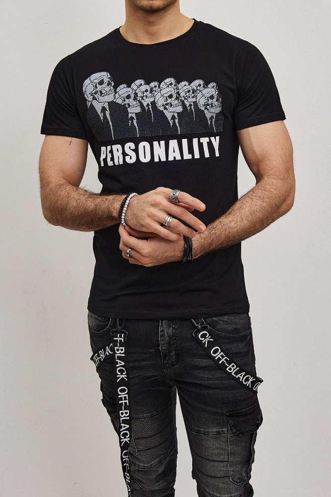 T-shirt noir avec imprimé tête de mort et strass homme