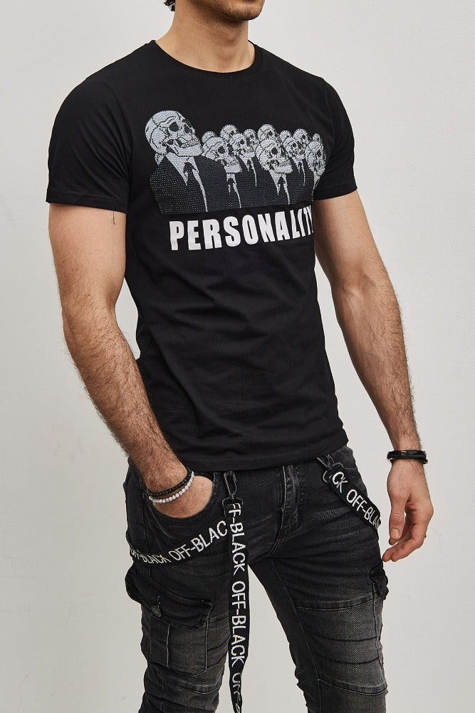 T-shirt noir avec imprimé tête de mort et strass homme1