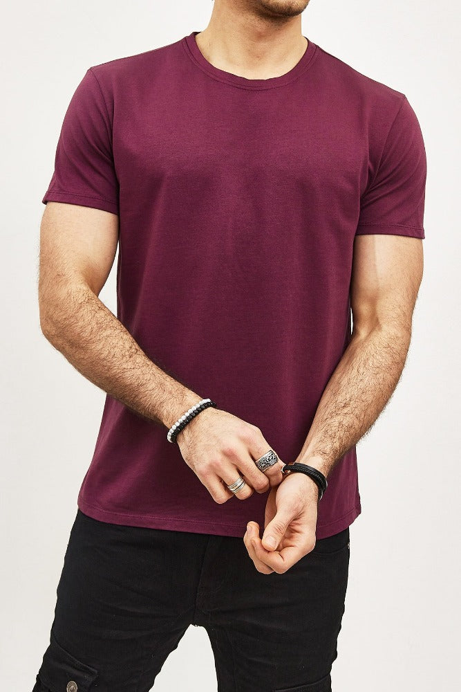 T-shirt manches courtes col tunisien bordeaux homme