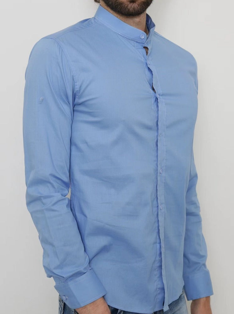 Chemise uni bleu clair avec col mao coupe slim
