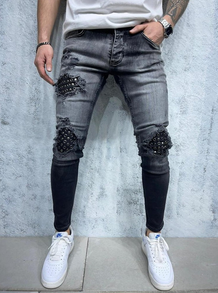 2y premium Jeans noir fashion avec clous sur genoux skinny homme ilannfive