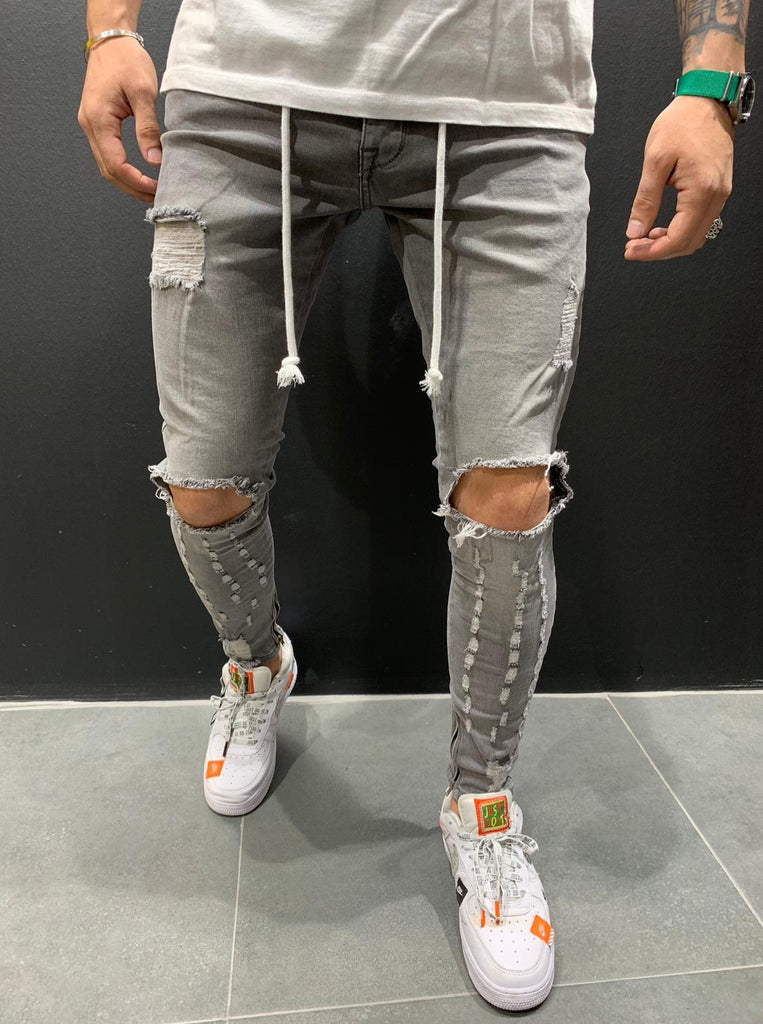Jeans skinny gris avec griffures et lacet homme ilannfive