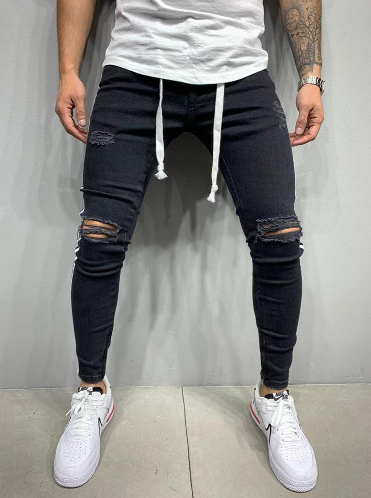 Jeans skinny noir avec bandes sur coté et lacet sur la taille homme ilannfive