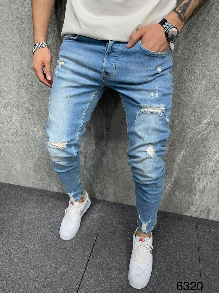 Jeans bleu clair skinny avec déchirures homme 2