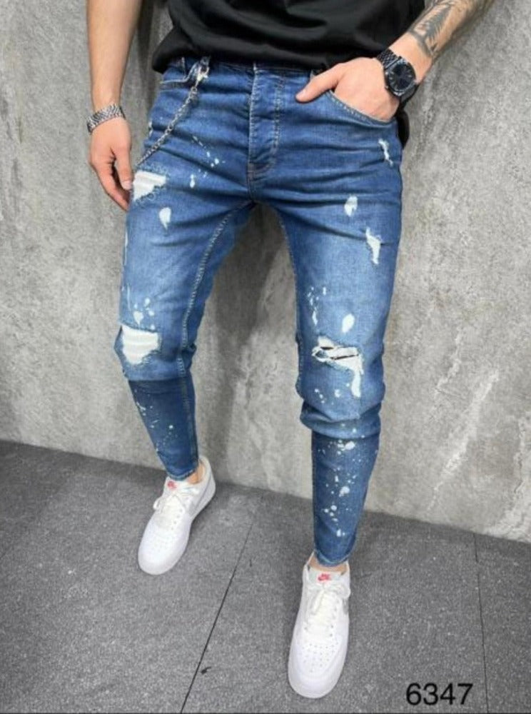 Jeans bleu skinny fashion avec déchirure sur genoux et cuisses homme ilannfive